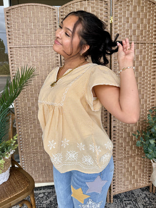 Alternate view of Easel Yellow Hello Embroidered Top
