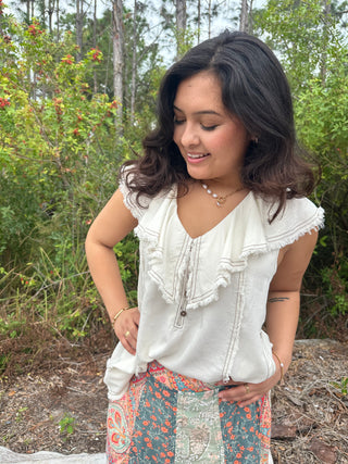 Oli & Hali Cream Washed Ruffle Collar Tencel Top