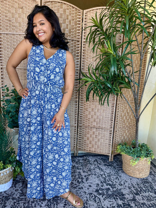 Alternate view of Walk the Line Blue Floral Jumpsuit
