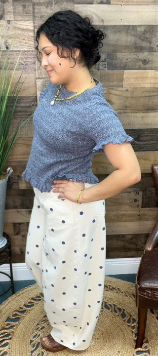 Listicle Midnight Blue Cable Knit Short Slv Ruffle Hem Sweater Top