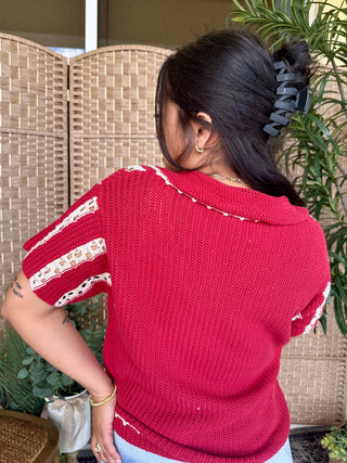 Alternate view of Red Crochet Striped Pointelle Top
