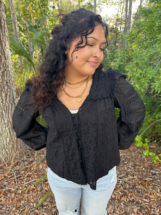 Listicle Black Romantic VNeck Long Slv Blouse Top