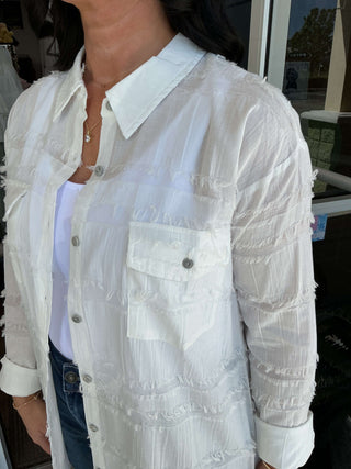 Alt text: "Textured White Long Line Duster Top on hanger, featuring open front and side slits for an elegant, flowy look.
