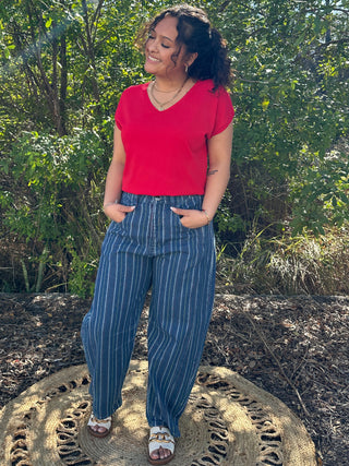 Alternate view of Easel Denim Stripe Barrel Leg Gypsy Fit Pants
