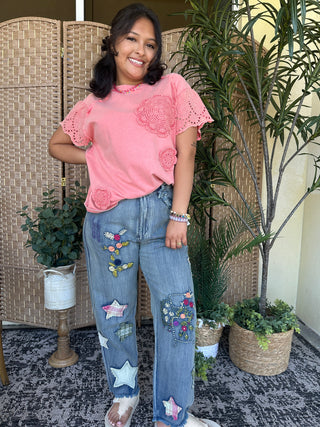 Easel Strawberry Smoothie Crochet Terry Top Oversized