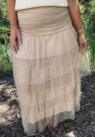 Taupe Listicle Maxi Skirt with Cinched and Tiered Design, High Waist Tulle, Perfect for Elegant and Stylish Outfits.