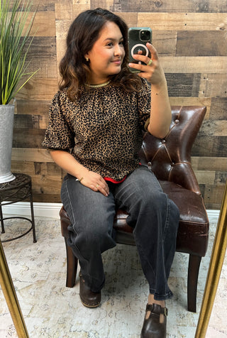 Brown Leopard with Red Contrast Wavy Hem Top