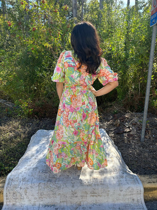 Oddi Minty Garden Floral Printed Tiered Midi Dress w/ Puff Sleeve & Elastic Waist