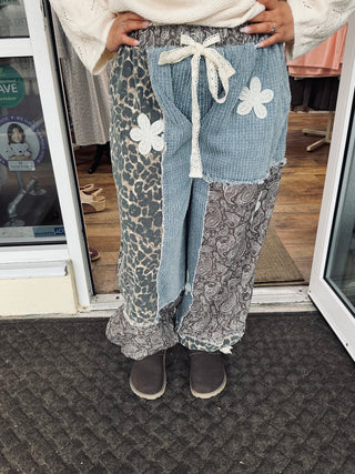 POL Denim Leopard Paisley Patchwork Jogger w/ Crochet Detail