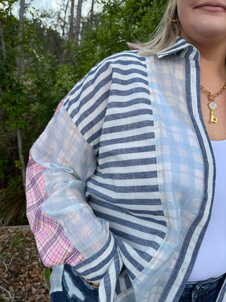 Alternate view of Like Love Blue & Pink Button Down Plaid Stripe Mix Top
