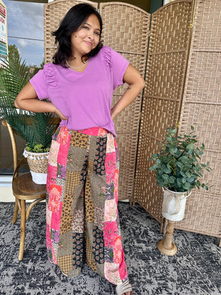 Alternate view of POL Pink Patchwork Boho Pants w/ Contrast Thread
