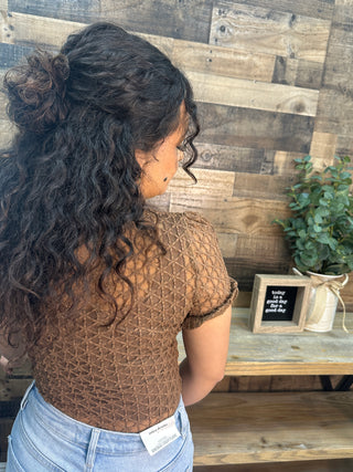 Easel BROWN Textured Mesh Short Sleeve Layering Top