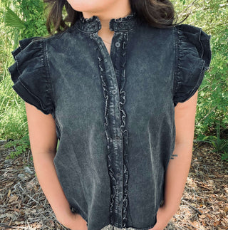 Elegant ee:some Ruffle Trim Top with Flutter Sleeves, available in 2 colors, perfect for chic and stylish outfits.