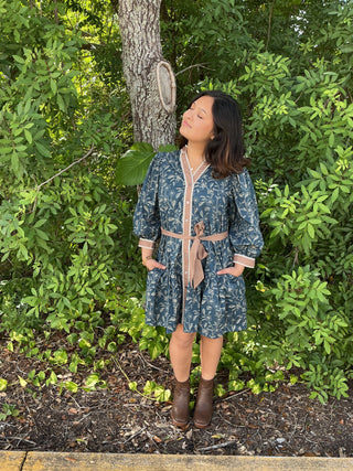 Entro Blue Floral Taupe Accent Belted Dress