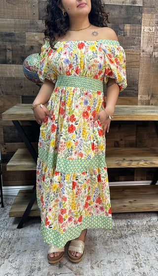 Jodifl Butter Yellow Floral Green Trim Peasant Midi Dress