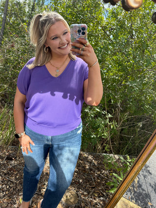 Alternate view of Like Love Purple Cap Slv V Neck Knit Top
