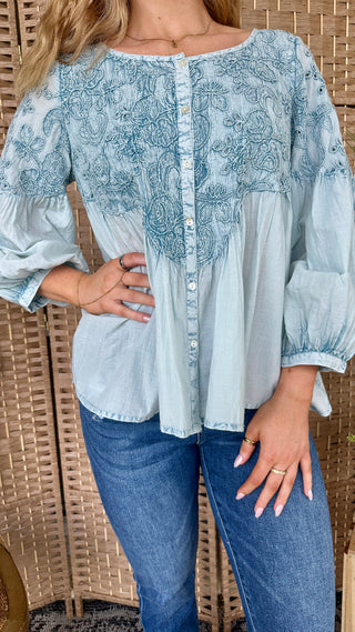 Alternate view of POL Charming in Blue Embroidered Top

