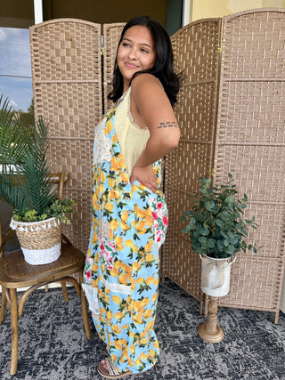 Alternate view of POL Sky Blue Lemon & Crochet Overalls

