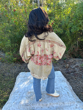 Young Threads Khaki & Pink Floral Embroidered Patchwork Top
