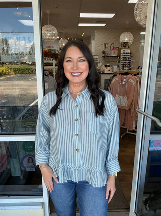 Oddi Striped Button Top w/ Drop Shoulders & High Low Hem (2 COLORS)