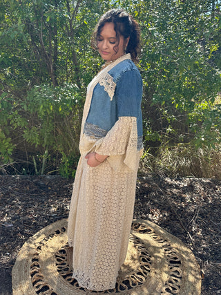 Young Threads Desert Dream Washed Denim & Lace Kimono Cardigan Top