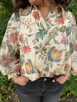 Entro Botanical Print Ecru Long Slv Blouse Top