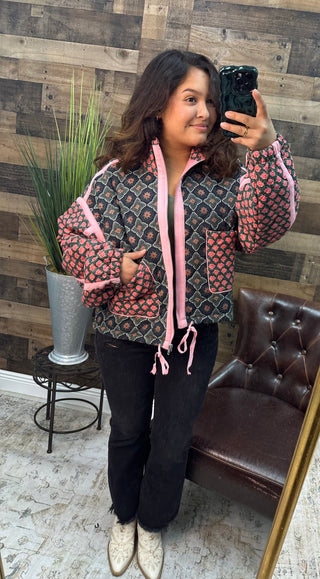 J.NNA Rose Pattern Pink Trim Quilted Jacket