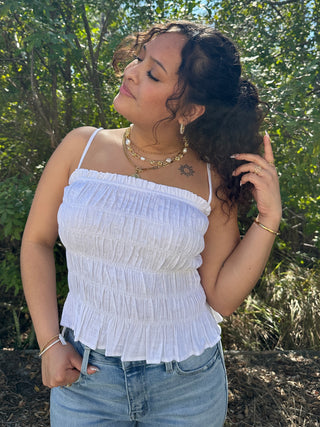 White Linen Blend Wide Smocked Layering Top