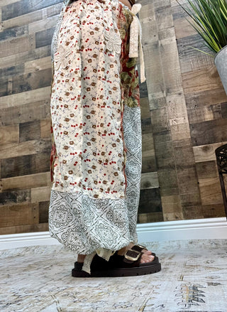 POL Dusty Red & Green Floral  Patchwork Jogger w/ Crochet Detail