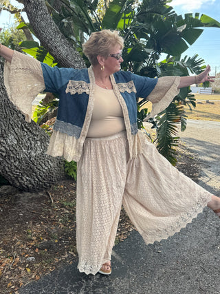 Young Threads Desert Dream Washed Denim & Lace Kimono Cardigan Top