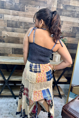 Alternate view of Young Threads Smocked Denim w/ Latte Patchwork Midi Dress
