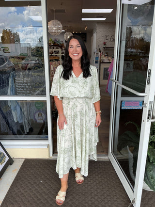 Ivory & Green Floral Flowy Midi Dress by Sew In Love, showcasing elegant floral patterns and a graceful silhouette.