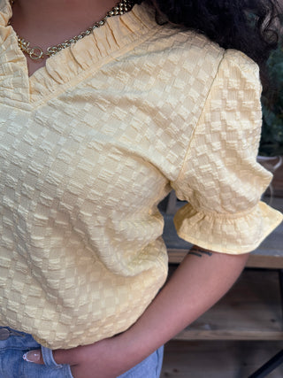 Alternate view of Staccato Yellow Ruffle V Neck Short Slv Top
