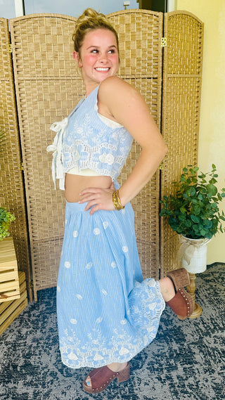 Alternate view of Walk in the Park Blue Embroidered Skirt Set
