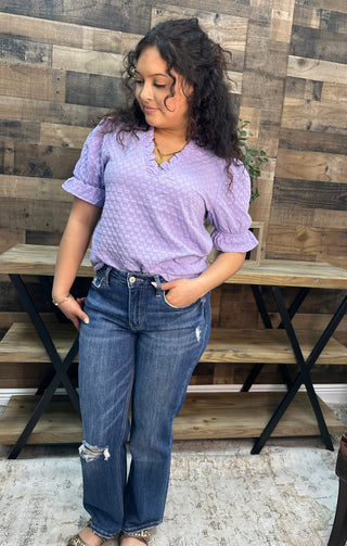 Staccato Lavender Ruffle V Neck Short Slv Top