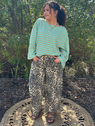 Mint & Beige Stripe French Terry Raw Edge Top