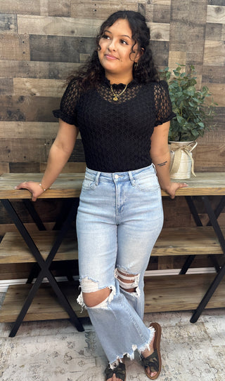 Easel BLACK Textured Mesh Short Sleeve Layering Top