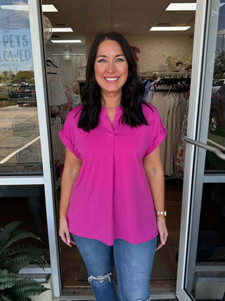 Women's Dear Scarlett Button Short Sleeve Top in two colors, featuring stylish design; final sale offer.