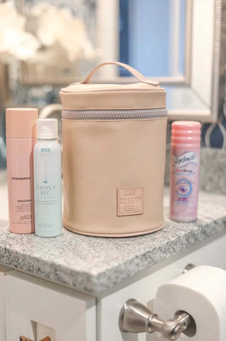 Jadelynn Brooke Tan Barrel Toiletry Bag - Livin My Happy Life, featuring colorful straps and fun, embroidered text.