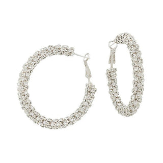 Silver Crystal Studded 1.8" Hoop Earrings