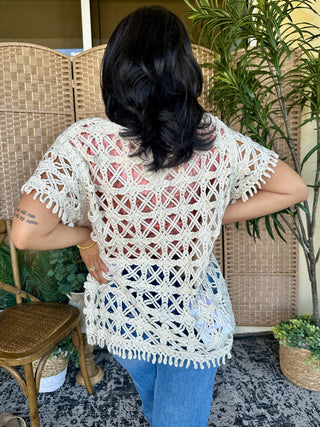 Alternate view of Easel Criss Cross Natural Crochet Top OVERSIZED
