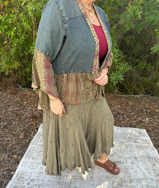 Young Threads Bell Slv Patchwork Denim Kimono Shrug