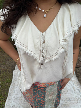 Oli & Hali Cream Washed Ruffle Collar Tencel Top