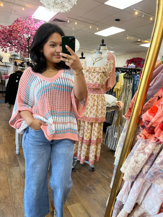 Alternate view of POL Coral & Aqua Stripe Crochet Top
