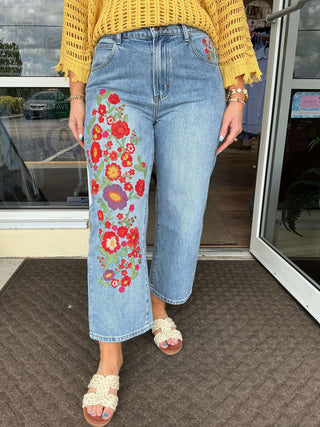 Med Wash Relaxed Fit Straight Leg Denim Jeans with Red Floral Embroidery by Oli & Hali, front view showcasing design details.