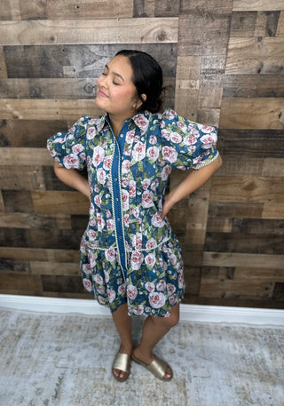 Entro Dusty Teal Floral Print Drop Waist Short Dress