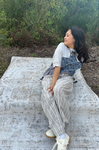 Rae Mode Taupe & Blue Stripe Linen Blend Pants