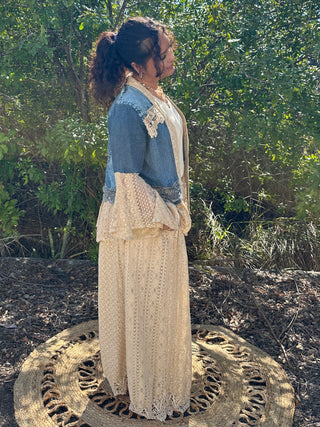 Young Threads Desert Dream Washed Denim & Lace Kimono Cardigan Top