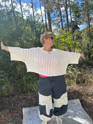 POL Ivory Crochet Short Sleeve Drop Shoulder Top
