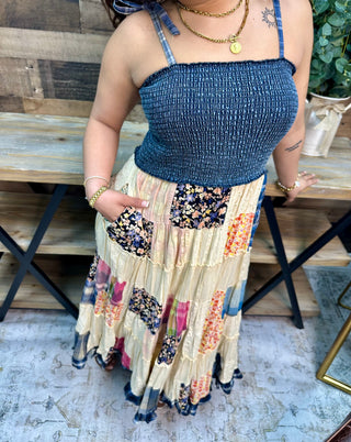 Alternate view of Young Threads Smocked Denim w/ Latte Patchwork Midi Dress
